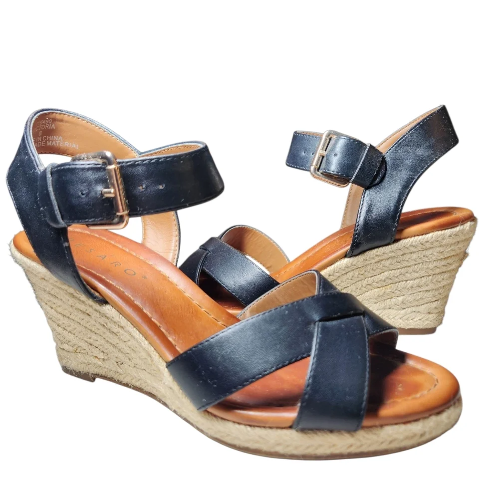 Pesaro Espadrille Wedge Black Vegan Leather Sandals Ankle Strap‎ Gold Buckle 8